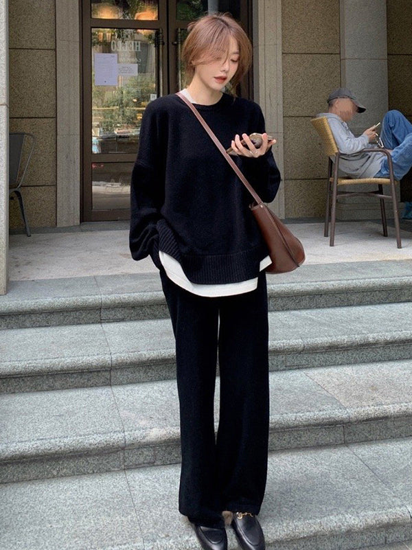 xakxx xakxx-Casual Loose Solid Color Round-Neck Sweater Tops & Wide Leg Pants Suits