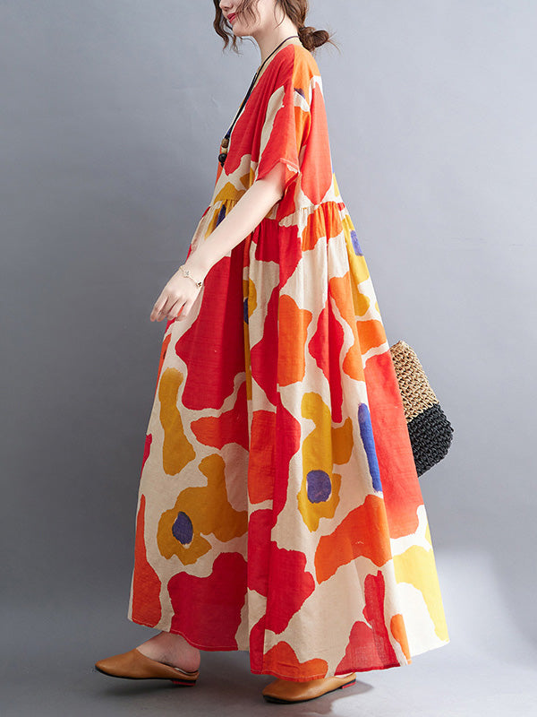 xakxx Artistic Retro Short Sleeves Loose Contrast Color Printed Round-Neck Midi Dresses