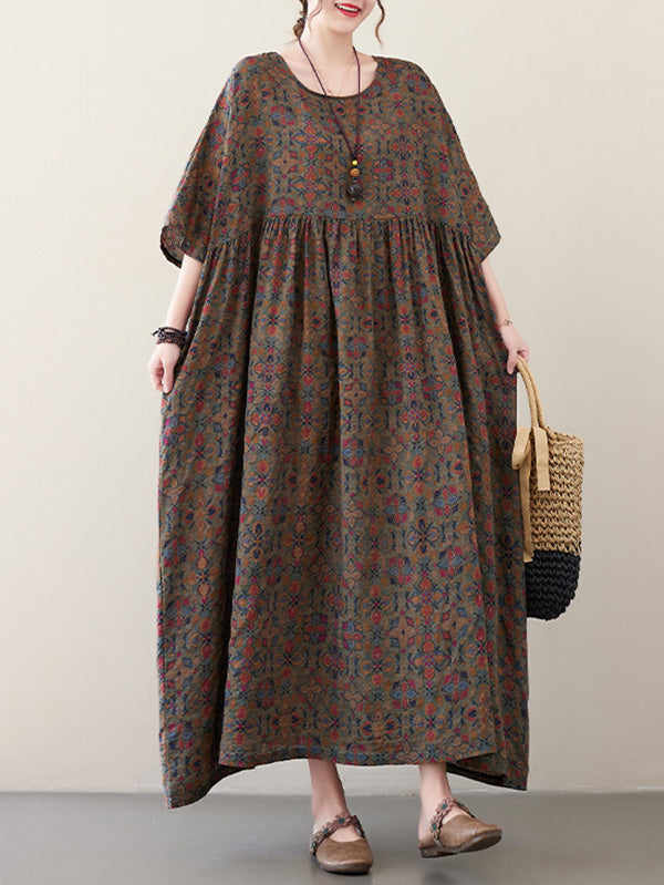 xakxx Vacation Loose Half Sleeves Floral Printed Pleated Round-Neck Midi Dresses