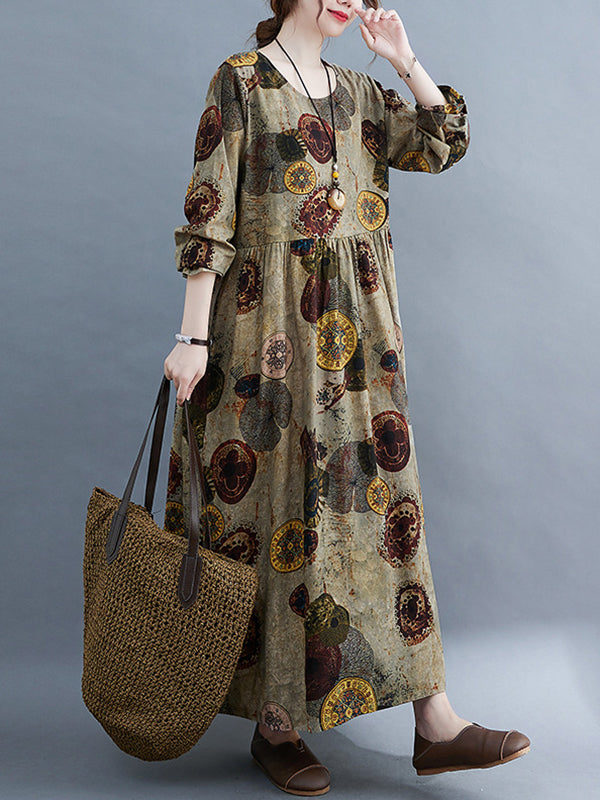 xakxx Artistic Retro Loose Long Sleeves Printed Round-Neck Maxi Dresses