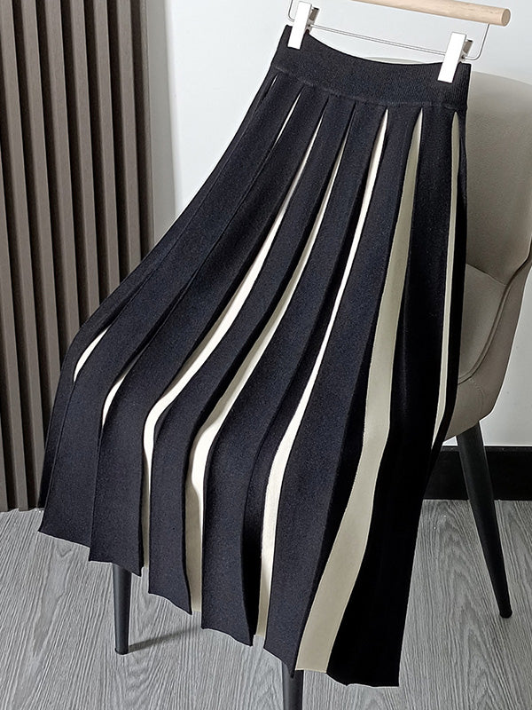 xakxx A-Line Loose Contrast Color Pleated Skirts Bottoms
