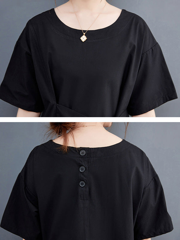 xakxx Casual Half Sleeves Loose Solid Color Round-Neck Midi Dresses
