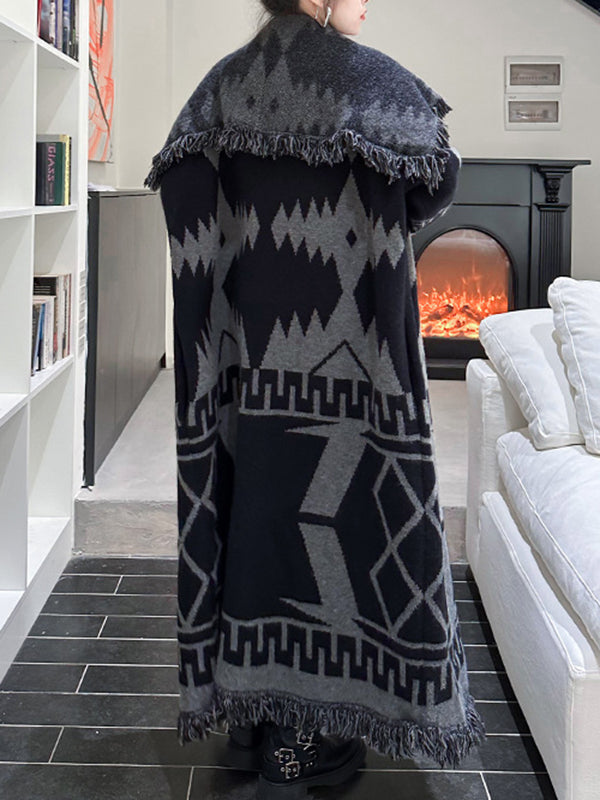 xakxx Long Sleeves Loose Contrast Color Tasseled Lapel Cardigan Coats