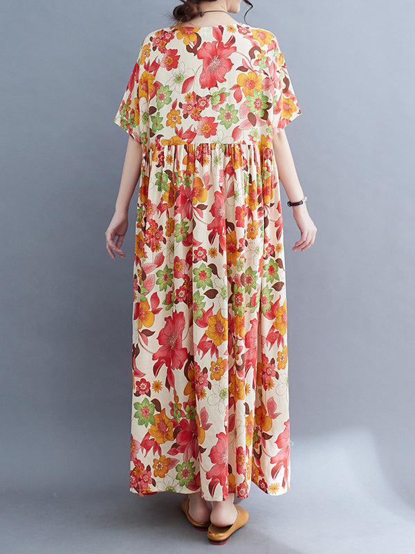 xakxx Loose Short Sleeves Pleated Printed Split-Joint Round-Neck Midi Dresses