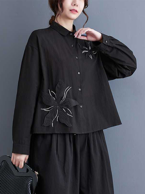 xakxx Long Sleeves Loose Applique Buttoned Embroidered Lapel Blouses&Shirts Tops