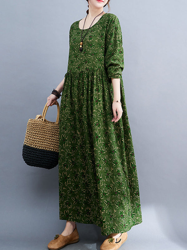 xakxx Artistic Retro Long Sleeves Loose Floral Printed Round-Neck Midi Dresses