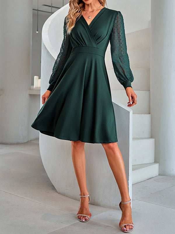 xakxx A-Line Long Sleeves Gauze Pleated Split-Joint V-Neck Midi Dresses