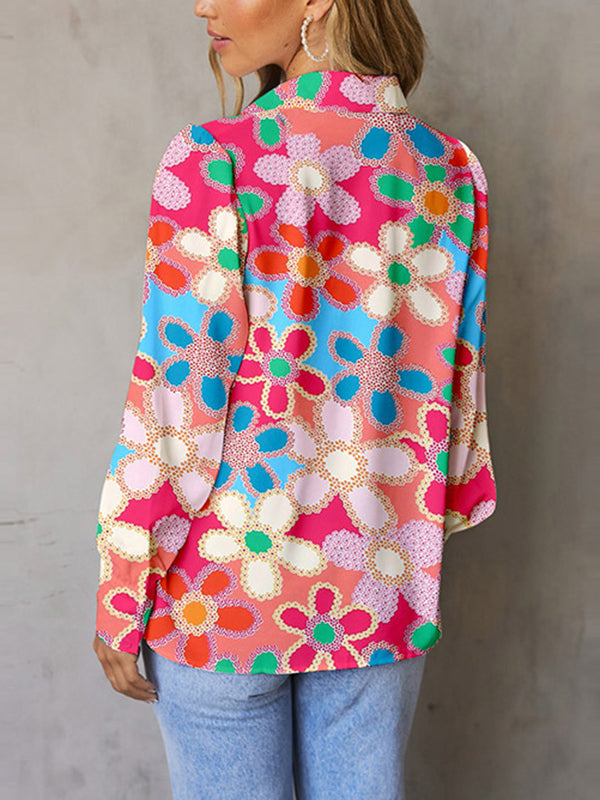xakxx Bishop Sleeve Long Sleeves Buttoned Flower Print Lapel Blouses&Shirts Tops