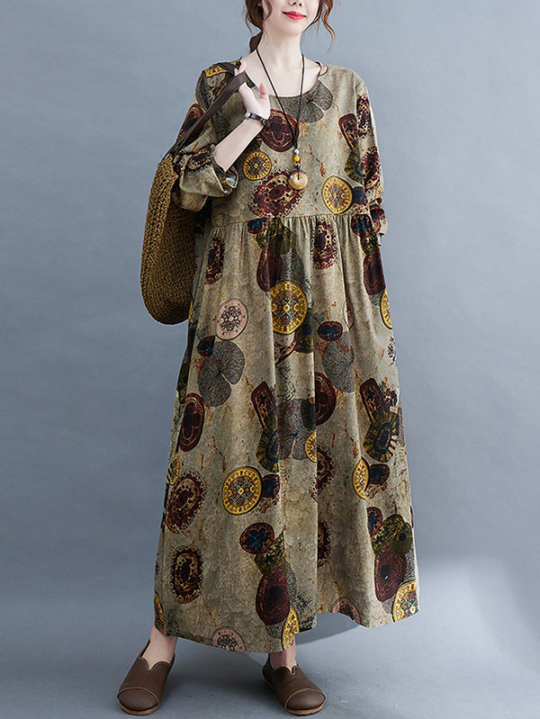 xakxx Artistic Retro Loose Long Sleeves Printed Round-Neck Maxi Dresses