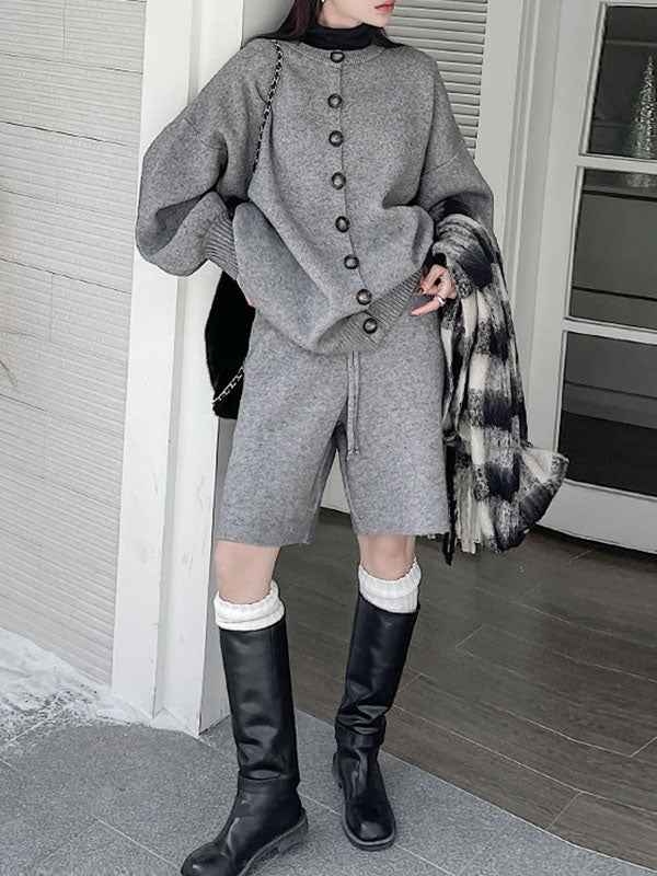 xakxx Long Sleeves Loose Buttoned Round-Neck Sweater Top + Drawstring Shorts Bottom Two Pieces Set