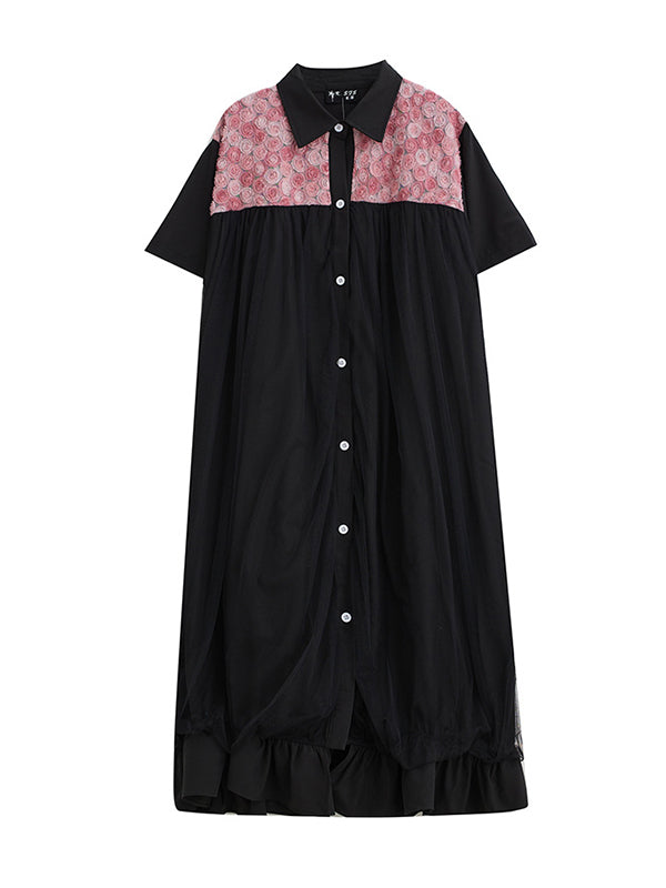 xakxx Loose Short Sleeves Falbala Printed Split-Joint Lapel Midi Dresses