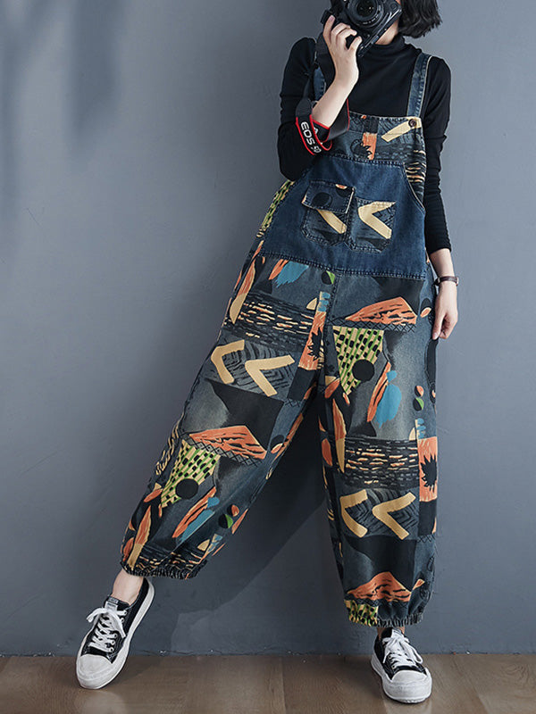 xakxx Original Cartoon Printed With Pocket Harem Denim Overalls