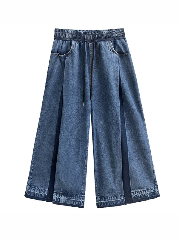 xakxx Loose Wide Leg Contrast Color Drawstring Fringed Pockets Jean Pants Bottoms