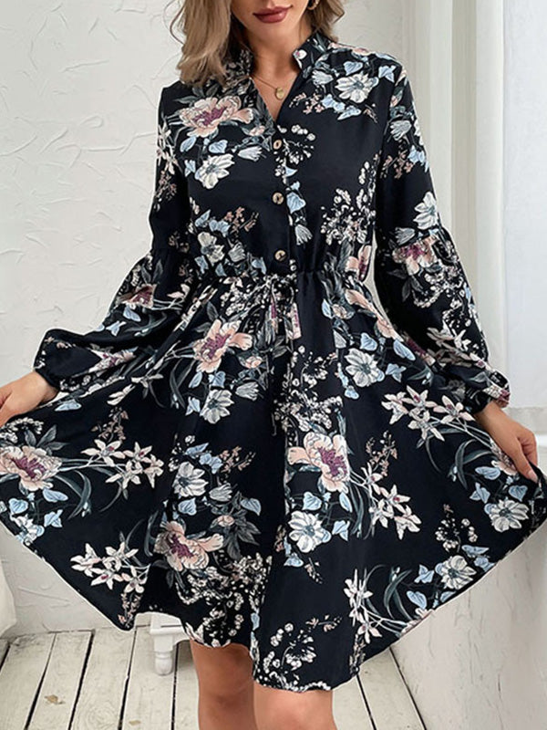 xakxx A-Line High Waisted Buttoned Drawstring Elasticity Flower Print V-Neck Mini Dresses