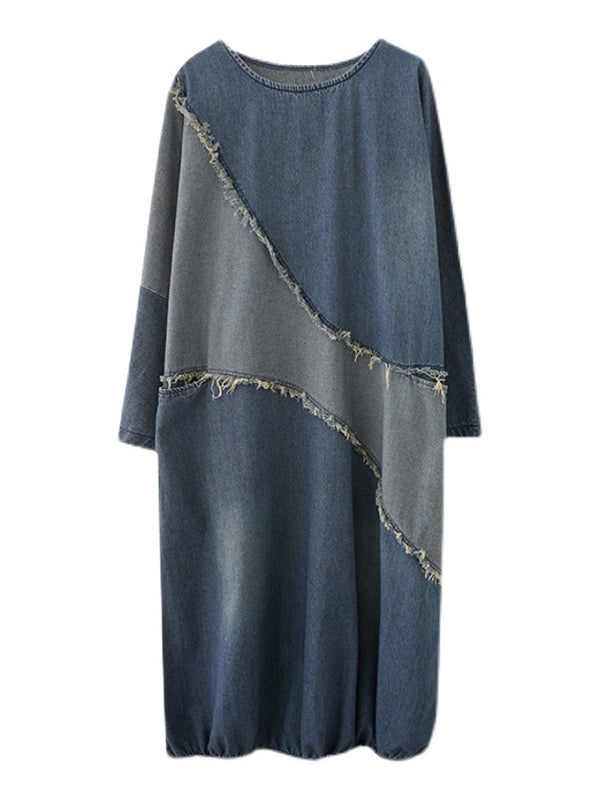 xakxx Original Loose Denim Contrast Color Round-Neck Long Sleeves Midi Dress