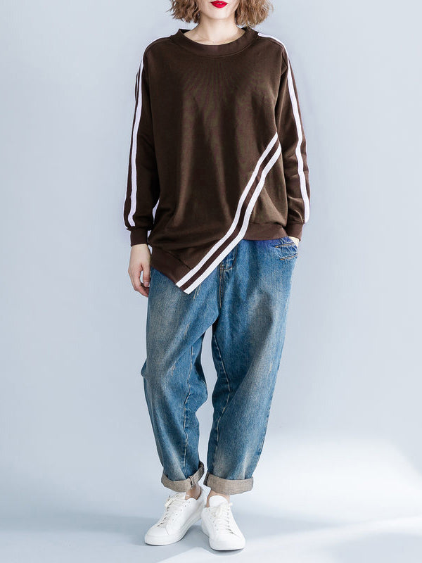 xakxx Cropped Long Sleeves Striped Round-Neck Hoodies&Sweatshirt