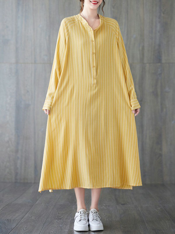 xakxx Long Sleeves Loose Buttoned Split-Side Striped Round-Neck Midi Dresses Shirt Dress