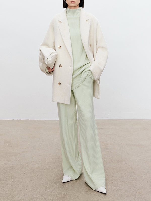 xakxx xakxx-Solid Color Long Sleeves High-Neck Sweater Top + Wide Leg Pants Bottom Two Pieces Set