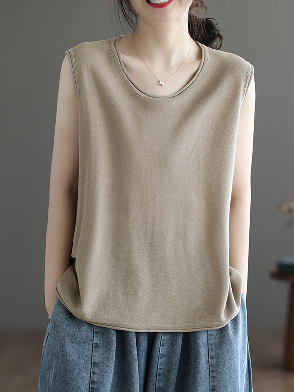 xakxx Loose Sleeveless Solid Color Round-Neck Knitting Vest Top