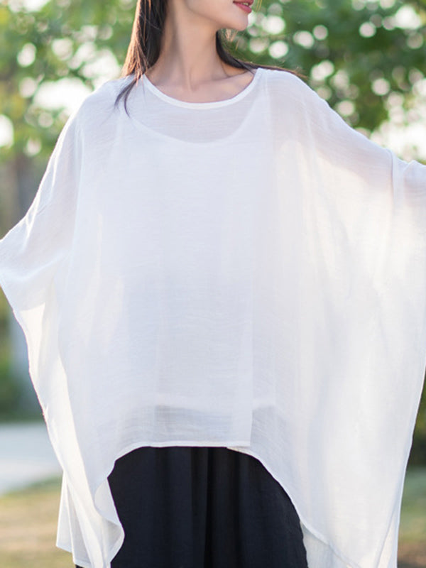 xakxx Half Sleeves High-Low See-Through Solid Color Round-Neck Blouses