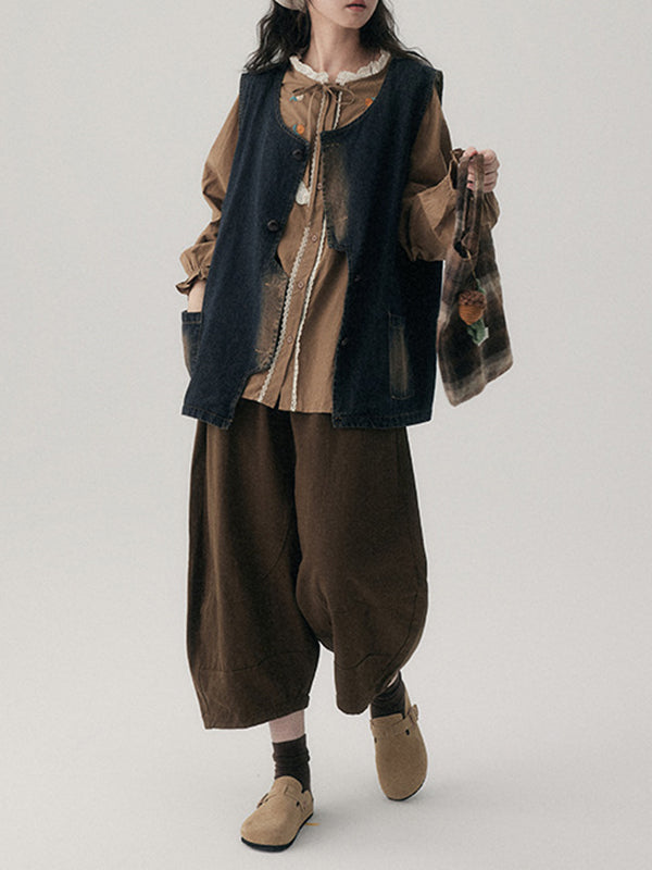 xakxx Harem Pants High Waisted Elasticity Solid Color Split-Joint Ninth Pants Trousers