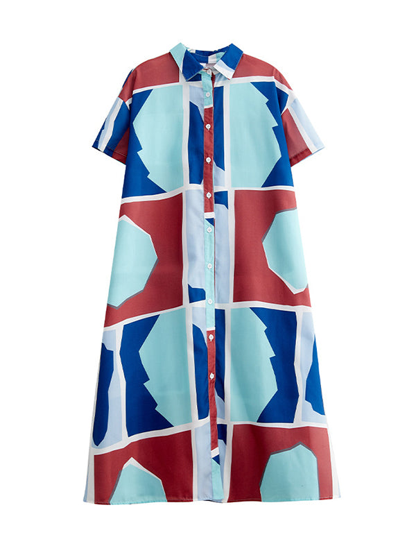 xakxx Loose Short Sleeves Cartoon Printed Multi-Colored Lapel Midi Dresses Shirt Dress