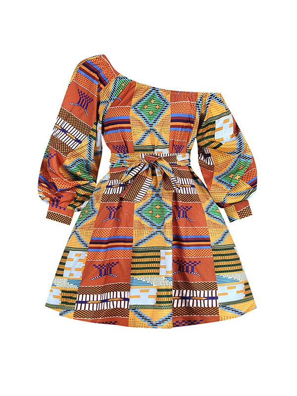 xakxx High Waisted Loose Elasticity Printed Tied Waist One-Shoulder Mini Dresses