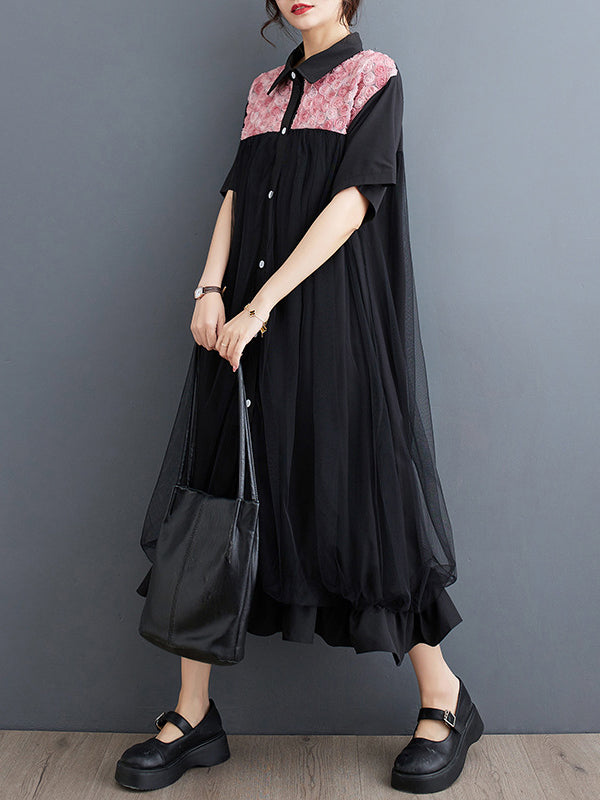 xakxx Loose Short Sleeves Falbala Printed Split-Joint Lapel Midi Dresses