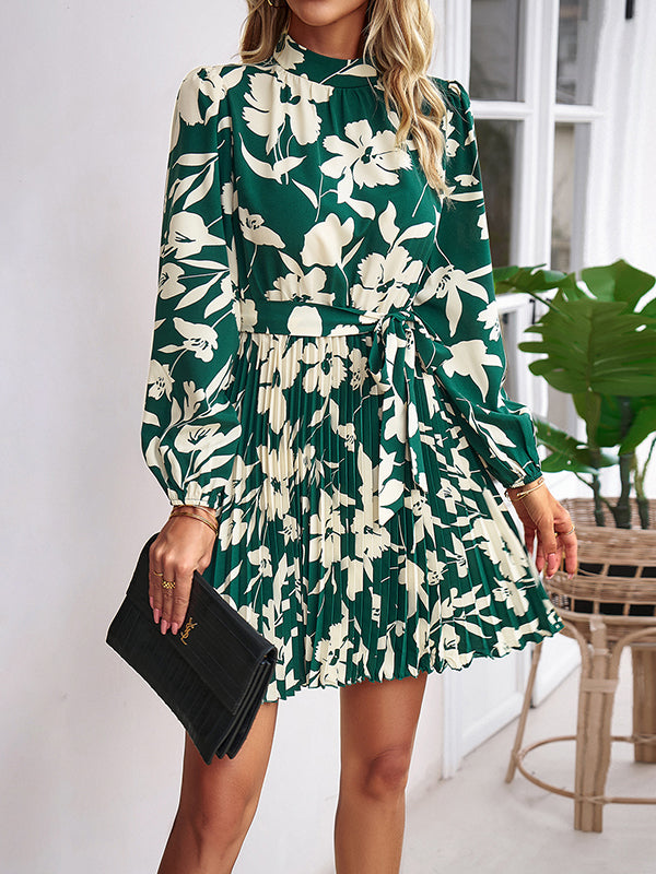 xakxx High Waisted Long Sleeves Flower Print Pleated Tied Waist Mock Neck Mini Dresses