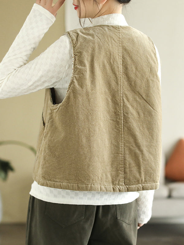 xakxx Vintage Sleeveless Loose Buttoned Split-Joint Solid Color Round-Neck Vest Outerwear