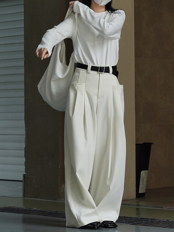 xakxx Loose Pleated Solid Color Wide Leg Pants Bottoms