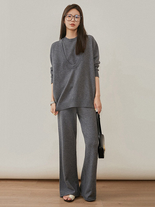 xakxx xakxx-Urban Loose Solid Round-Neck Vest Top& V-Neck Sweater Tops& Wide Leg Pants Three-Piece Set