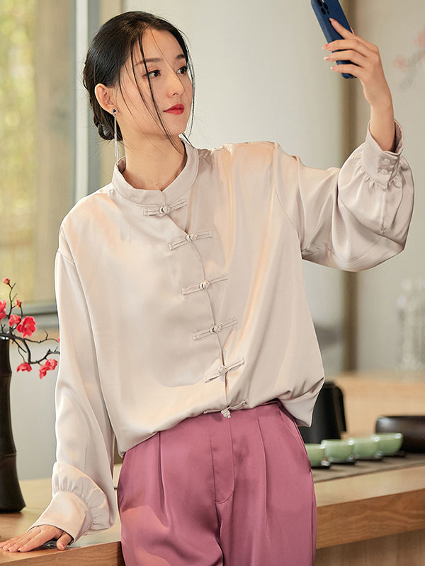 xakxx Vintage Long Sleeves Loose Buttoned Solid Color Stand Collar Blouse Top