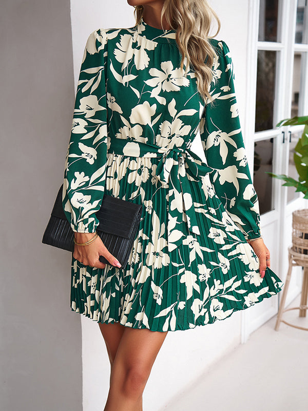 xakxx High Waisted Long Sleeves Flower Print Pleated Tied Waist Mock Neck Mini Dresses