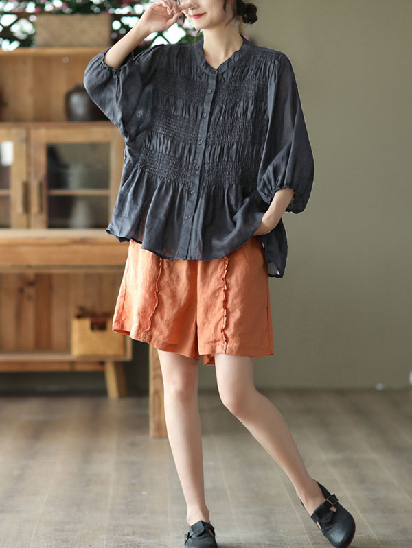 xakxx Loose Three-Quarter Sleeves Pleated Solid Color Split-Joint Stand Collar Blouses&Shirts Tops