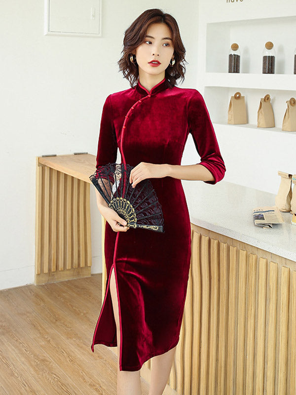 xakxx Solid Color Velvet Banquet Split-Side Long Cheongsams