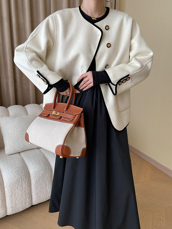 xakxx A-Line Long Sleeves Elasticity Hollow Solid Color Split-Joint Round-Neck Midi Dresses