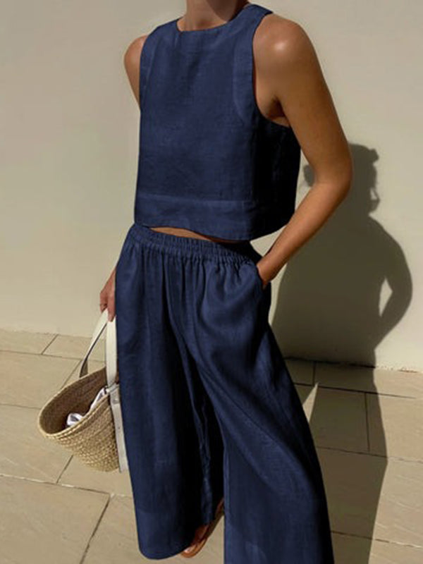 xakxx Solid Color Round-Neck Sleeveless Vest + Elasticity Wide Leg Pants Two Pieces Set
