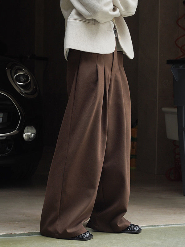 xakxx Loose Pleated Solid Color Wide Leg Pants Bottoms