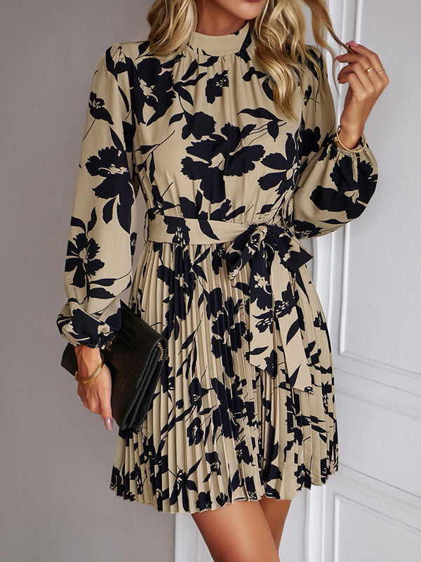 xakxx High Waisted Long Sleeves Flower Print Pleated Tied Waist Mock Neck Mini Dresses