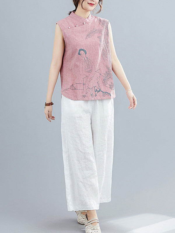 xakxx Artistic Retro Chinese-Style Printed Buttoned Stand Collar Sleeveless Vest
