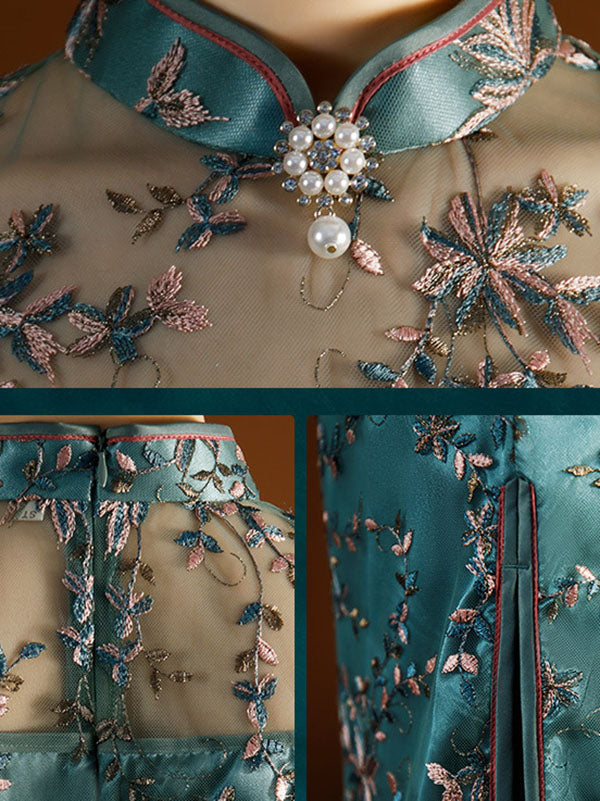 xakxx Vintage Tie-Dyed Hollow Beaded Split-Side Stand Collar Silk Cheongsam