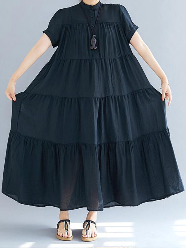 xakxx Vintage Loose Split-Joint Pleated Short Sleeves Round-Neck Midi Dress
