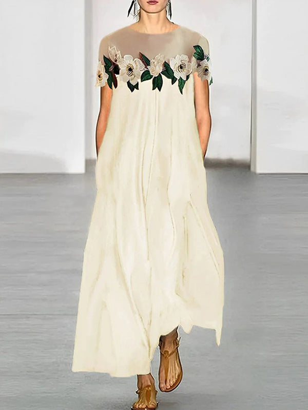 xakxx Loose Short Sleeves Flower-Embellished Split-Joint Round-Neck Maxi Dresses