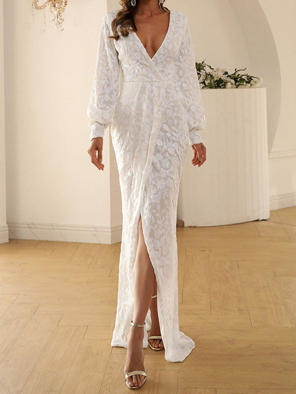 xakxx Sequined Solid Color Split-Front Tied Waist Bodycon Long Sleeves V-Neck Maxi Dresses