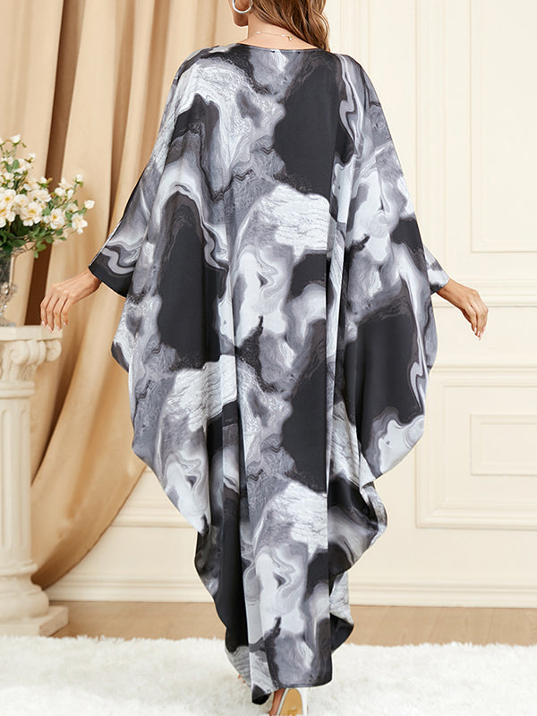 xakxx Batwing Sleeves Long Sleeves Contrast Color Printed Round-Neck Maxi Dresses