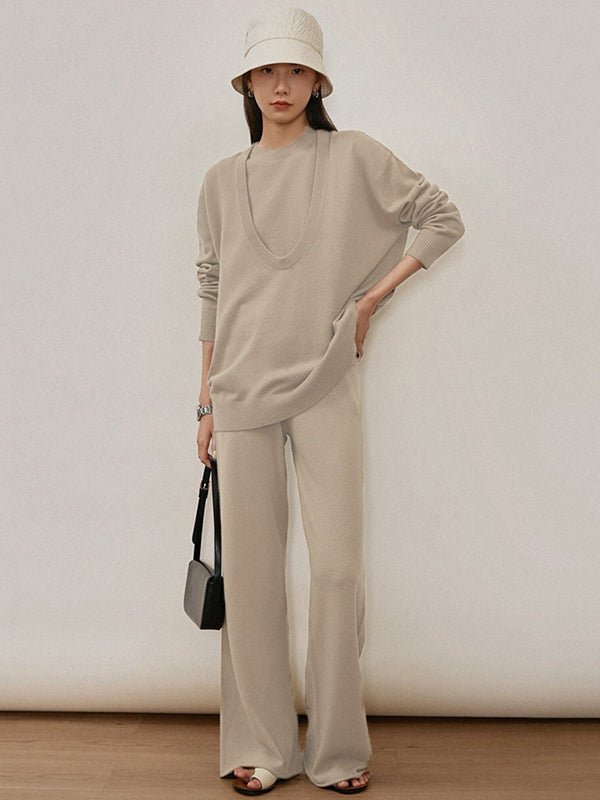 xakxx xakxx-Urban Loose Solid Round-Neck Vest Top& V-Neck Sweater Tops& Wide Leg Pants Three-Piece Set