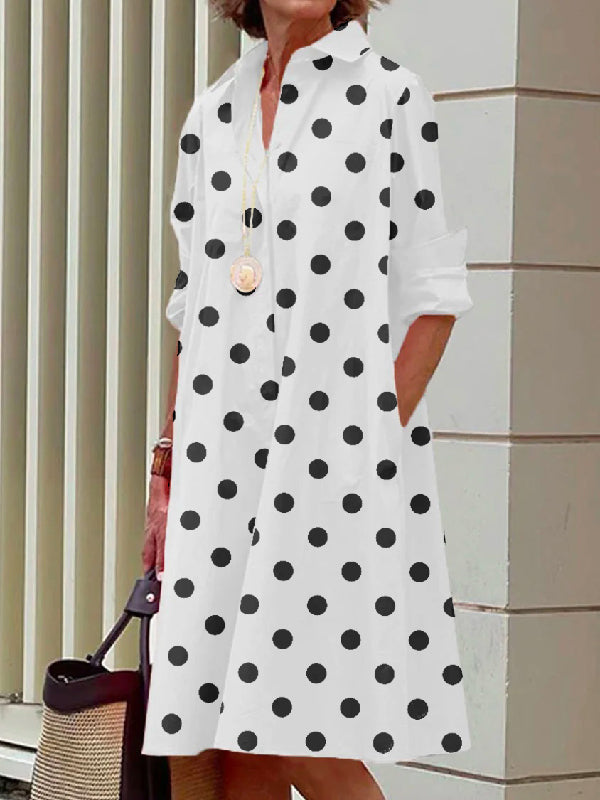 xakxx Vintage Long Sleeves Polka Dot Lapel Midi Dresses