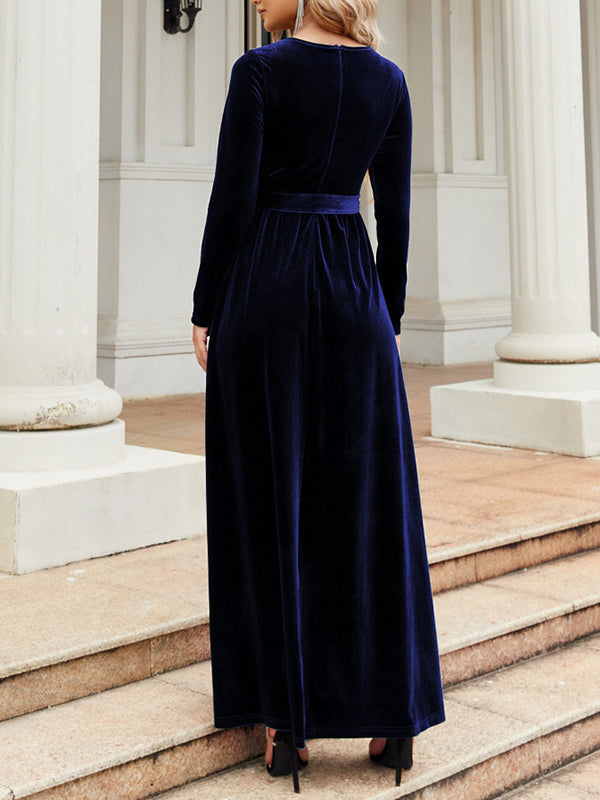 xakxx Long Sleeves Wrap Belted Pleated Solid Color Zipper Round-Neck Maxi Dresses