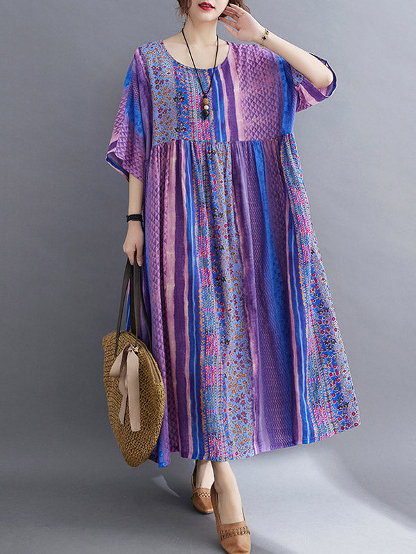xakxx Vintage Side Pocket Striped Floral Printed Midi Dress